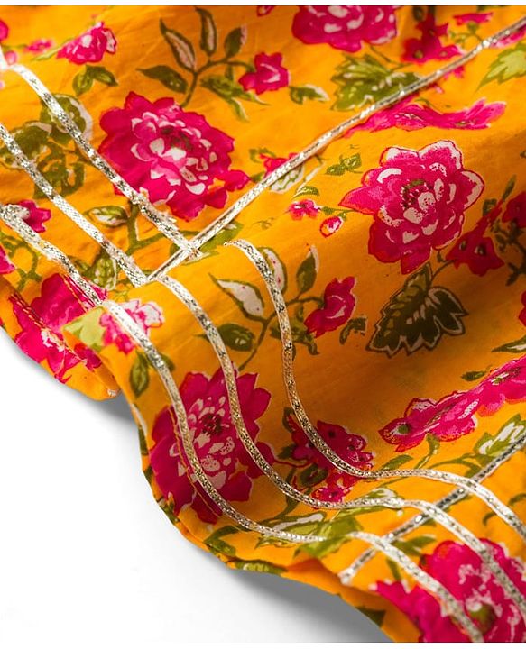 Babyhug 100% Cotton Cambric Woven Sleeveless Floral Printed Choli & Lehenga Set With Dupatta - Mustard