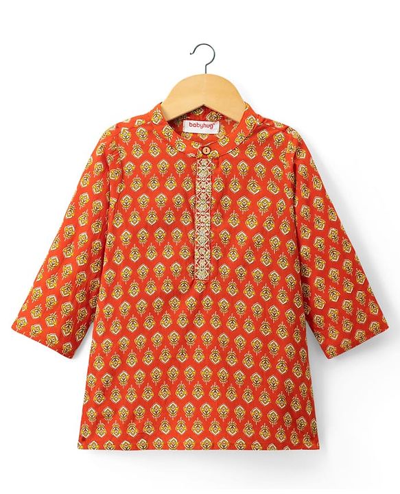 Babyhug 100% Cotton Cambric Woven Full Sleeves Floral Printed Kurta Dhoti Set - Orange