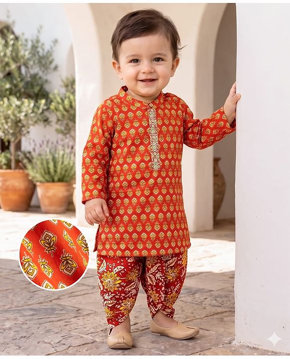 Babyhug 100% Cotton Cambric Woven Full Sleeves Floral Printed Kurta Dhoti Set - Orange