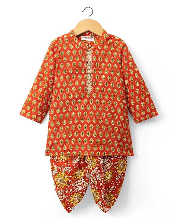 Babyhug 100% Cotton Cambric Woven Full Sleeves Floral Printed Kurta Dhoti Set - Orange