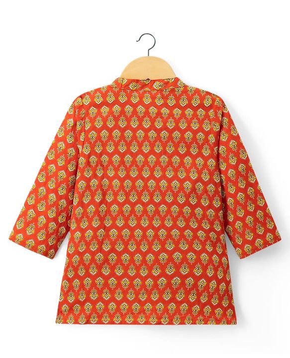 Babyhug 100% Cotton Cambric Woven Full Sleeves Floral Printed Kurta Dhoti Set - Orange