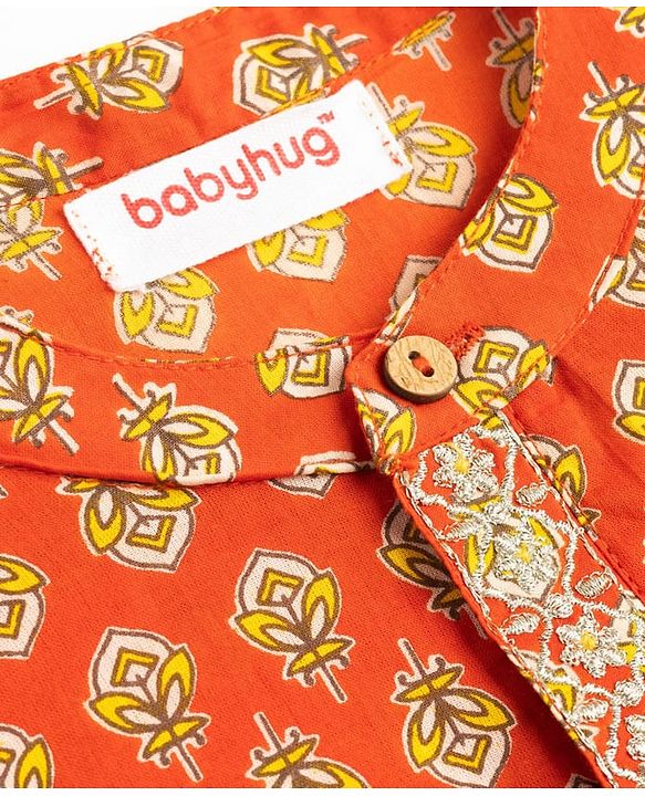 Babyhug 100% Cotton Cambric Woven Full Sleeves Floral Printed Kurta Dhoti Set - Orange
