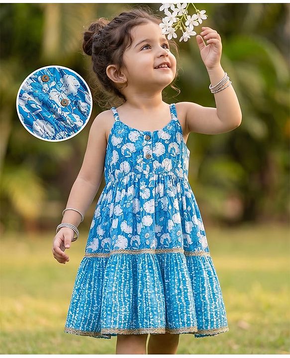 Babyhug Cambric Woven Sleeveless Ethnic Dress With Floral Print - Blue
