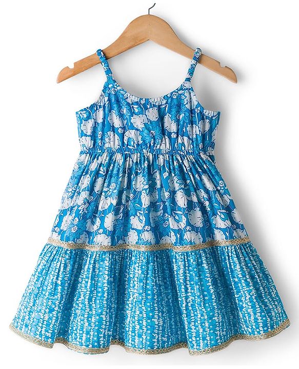 Babyhug Cambric Woven Sleeveless Ethnic Dress With Floral Print - Blue