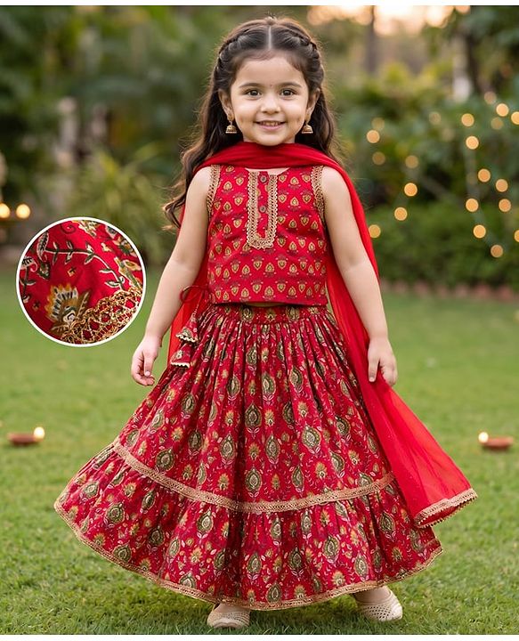 Babyhug Cambric Woven Sleeveless Floral Printed Choli & Lehenga Set With Dupatta & Lace Detailing -Maroon
