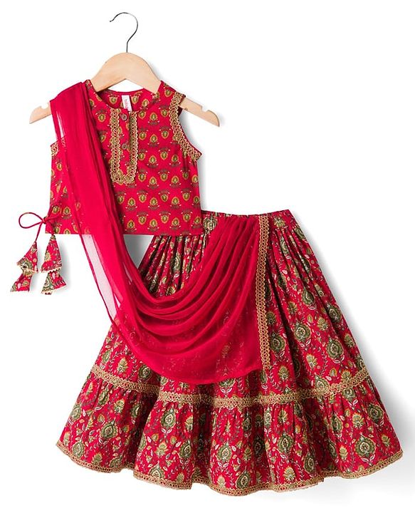 Babyhug Cambric Woven Sleeveless Floral Printed Choli & Lehenga Set With Dupatta & Lace Detailing -Maroon