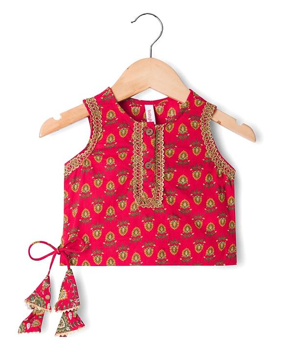 Babyhug Cambric Woven Sleeveless Floral Printed Choli & Lehenga Set With Dupatta & Lace Detailing -Maroon