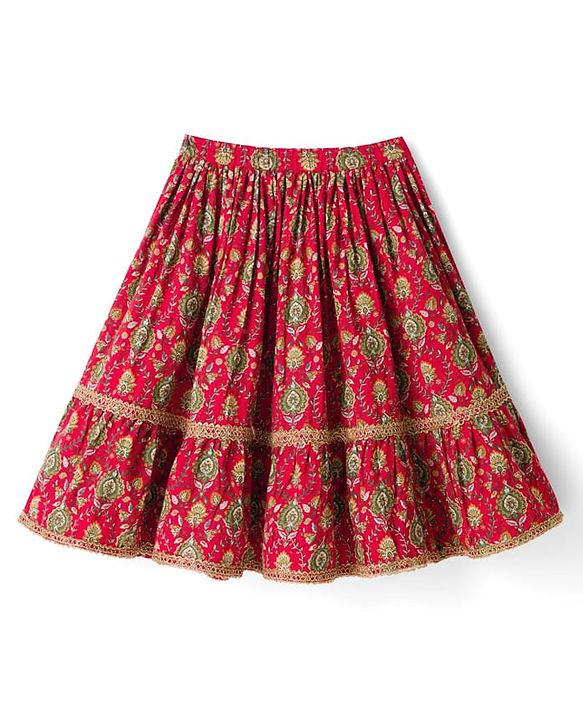 Babyhug Cambric Woven Sleeveless Floral Printed Choli & Lehenga Set With Dupatta & Lace Detailing -Maroon