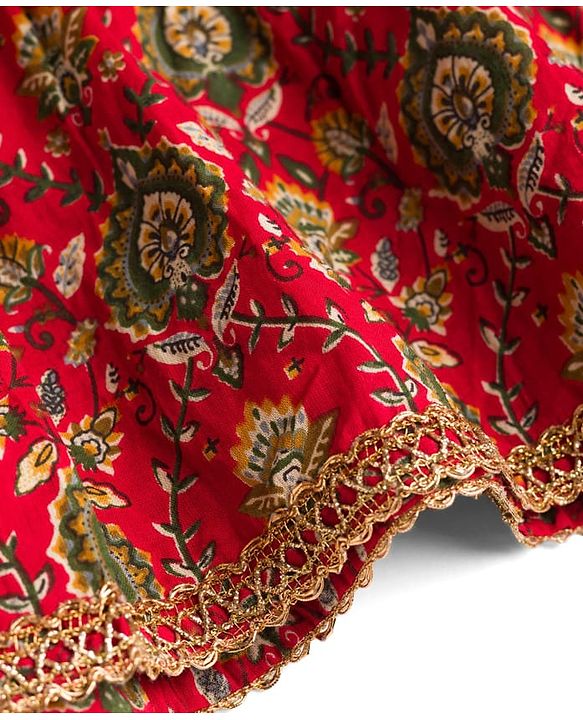 Babyhug Cambric Woven Sleeveless Floral Printed Choli & Lehenga Set With Dupatta & Lace Detailing -Maroon