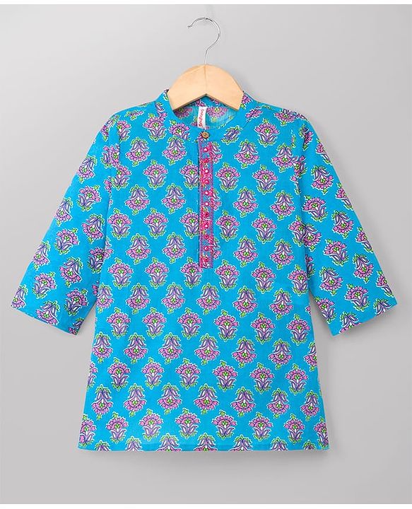 Babyhug 100% Cotton Cambric Woven Full Sleeves Floral Printed Kurta & Pyjama Set - Blue
