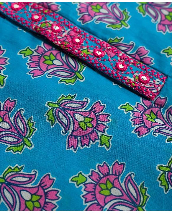 Babyhug 100% Cotton Cambric Woven Full Sleeves Floral Printed Kurta & Pyjama Set - Blue