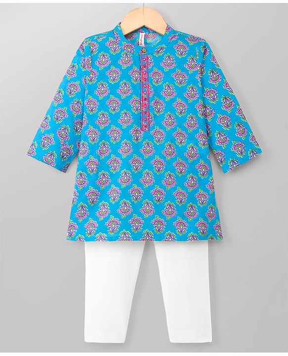 Babyhug 100% Cotton Cambric Woven Full Sleeves Floral Printed Kurta & Pyjama Set - Blue