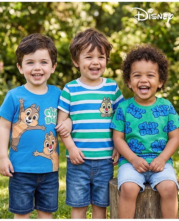 Babyhug Disney Cotton Knit T-Shirts with Chip N Dale Graphic Half Sleeves Multi Color 3-6 Months Pack of 3