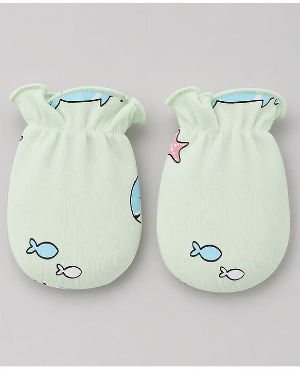 Babyhug 100% Cotton Interlock Knit Boat & Whale Printed Cap Mittens & Booties Sea Green- Diameter 18.5 cm