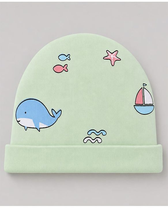 Babyhug 100% Cotton Interlock Knit Boat & Whale Printed Cap Mittens & Booties Sea Green- Diameter 18.5 cm