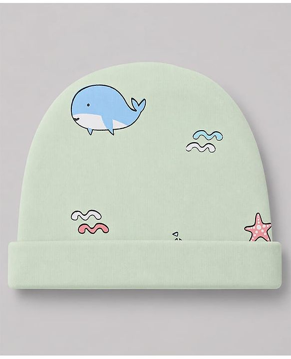 Babyhug 100% Cotton Interlock Knit Boat & Whale Printed Cap Mittens & Booties Sea Green- Diameter 18.5 cm