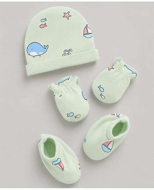 Babyhug 100% Cotton Interlock Knit Boat & Whale Printed Cap Mittens & Booties Sea Green- Diameter 18.5 cm