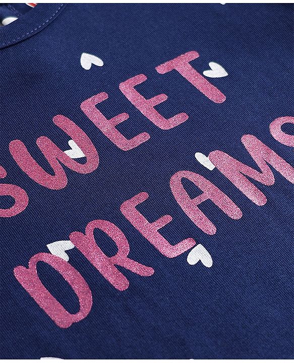 Babyhug Cotton Knit Three Fourth Sleeves Nighty with Frill at Hem Heart & Text Print  - Navy