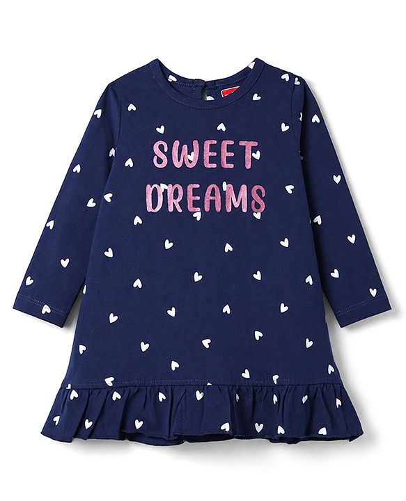 Babyhug Cotton Knit Three Fourth Sleeves Nighty with Frill at Hem Heart & Text Print  - Navy