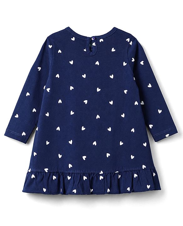 Babyhug Cotton Knit Three Fourth Sleeves Nighty with Frill at Hem Heart & Text Print  - Navy