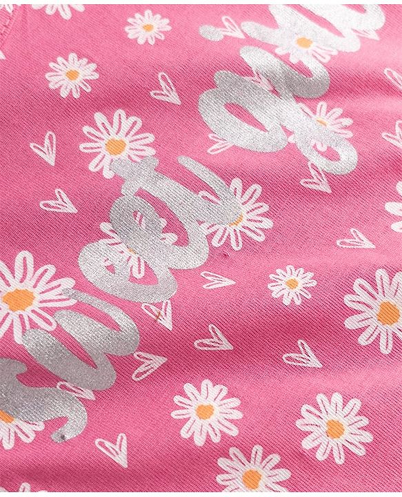 Babyhug Cotton Knit Three Forth Sleeves Floral & Hearts Printed Nighty With Text Foil Print - Pink