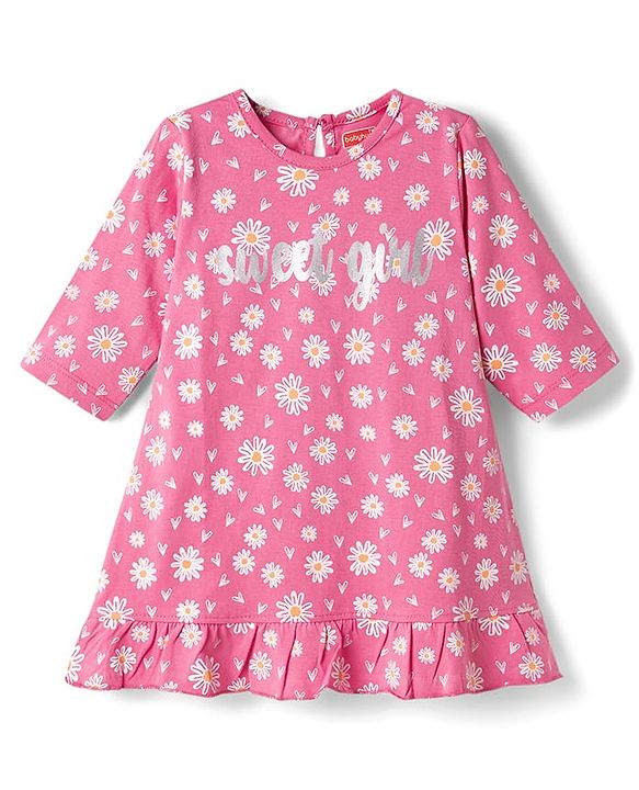 Babyhug Cotton Knit Three Forth Sleeves Floral & Hearts Printed Nighty With Text Foil Print - Pink