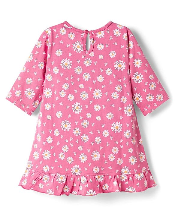 Babyhug Cotton Knit Three Forth Sleeves Floral & Hearts Printed Nighty With Text Foil Print - Pink