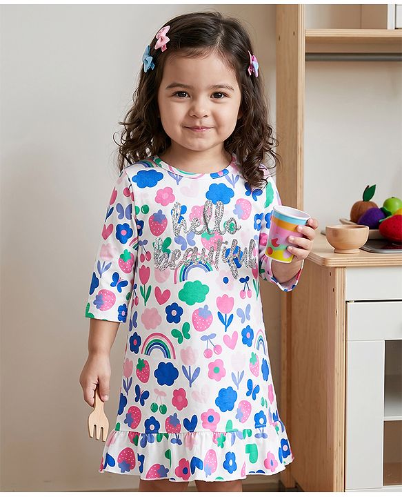 Babyhug Cotton Knit Three Forth Sleeves Tropical Theme & Floral Printed Nighty - Multicolor