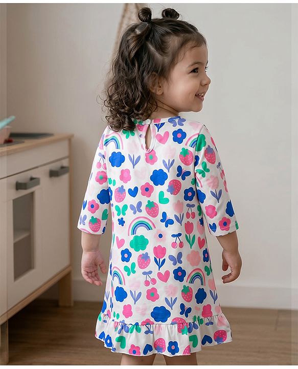 Babyhug Cotton Knit Three Forth Sleeves Tropical Theme & Floral Printed Nighty - Multicolor