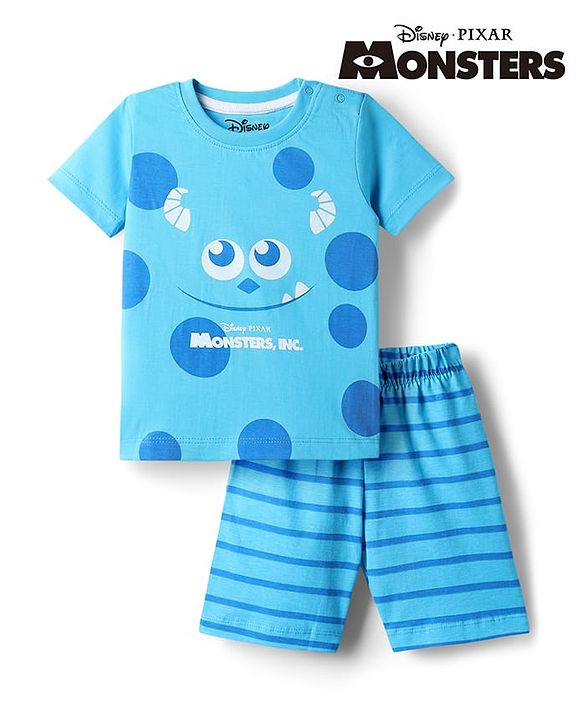 Babyhug Disney Single Jersey Knit Half Sleeves T-Shirt & Shorts Night Suit with Monster Graphics - Light Blue