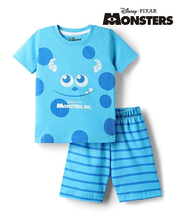 Babyhug Disney Single Jersey Knit Half Sleeves T-Shirt & Shorts Night Suit with Monster Graphics - Light Blue