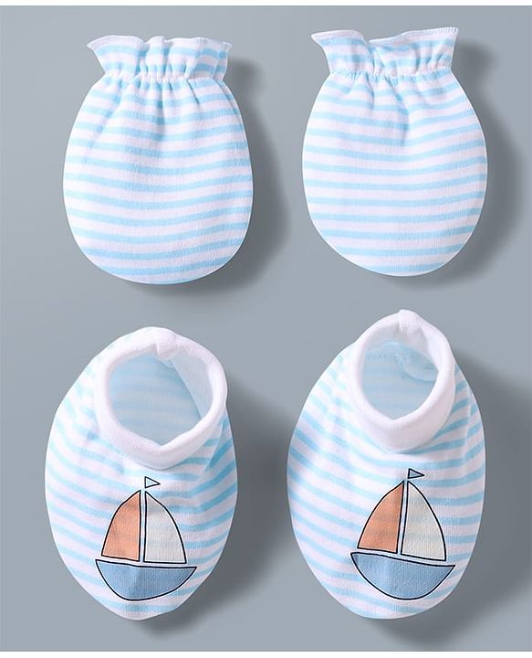 Babyhug 100% Cotton Interlock Knit Striped Mittens & Booties Set With Boat Print - White