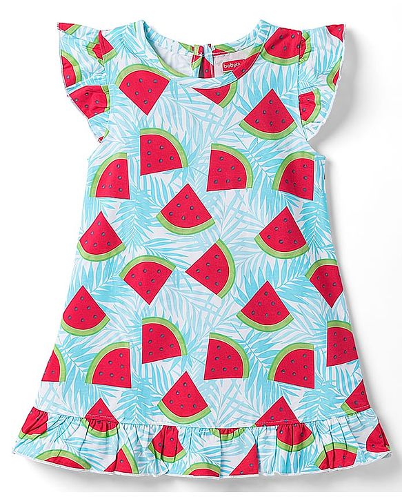 Babyhug 100% Cotton Knit Half Frill Sleeves Watermelon Printed Nighty - Light Blue