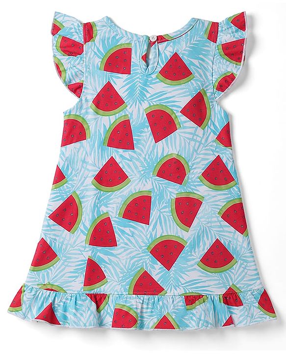 Babyhug 100% Cotton Knit Half Frill Sleeves Watermelon Printed Nighty - Light Blue