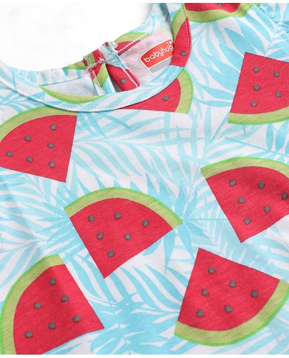 Babyhug 100% Cotton Knit Half Frill Sleeves Watermelon Printed Nighty - Light Blue