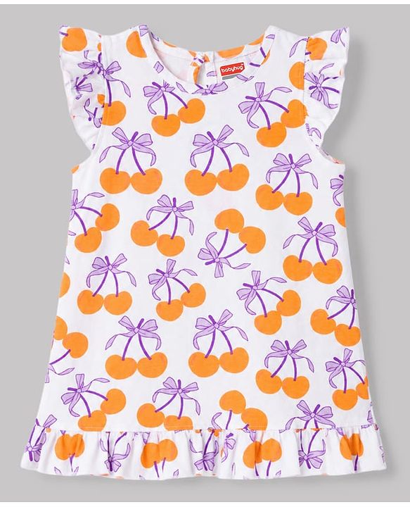 Babyhug 100% Cotton Knit Half Sleeves Nighty With Cherry Print - White