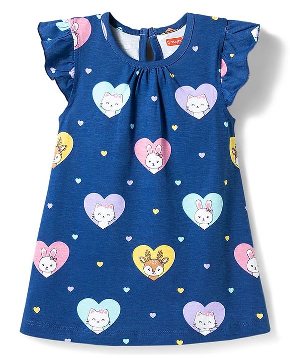 Babyhug Cotton Knit Half Sleeves Bunny & Hearts Printed Nighty - Navy Blue