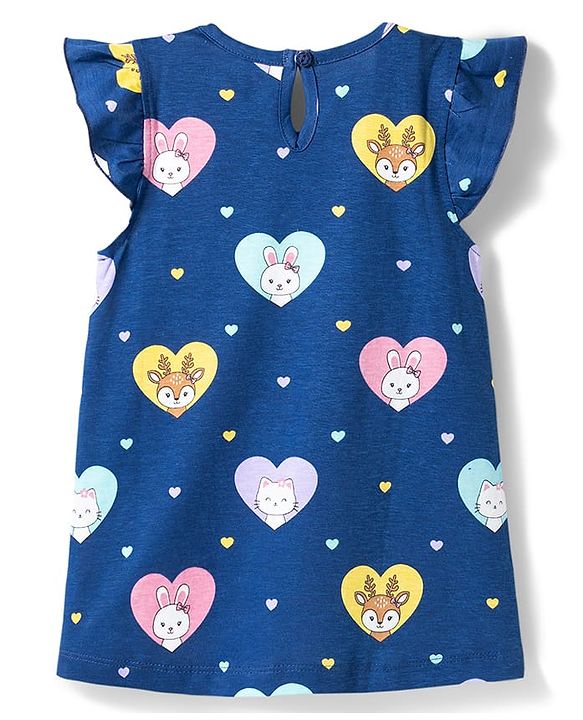 Babyhug Cotton Knit Half Sleeves Bunny & Hearts Printed Nighty - Navy Blue