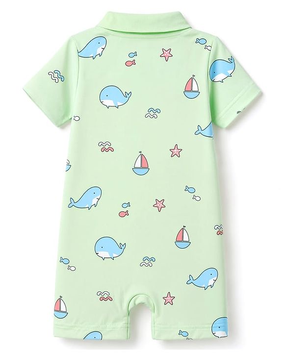 Babyhug 100% Cotton Interlock Knit Half Sleeves Romper With Whale & Star Print - Light Green
