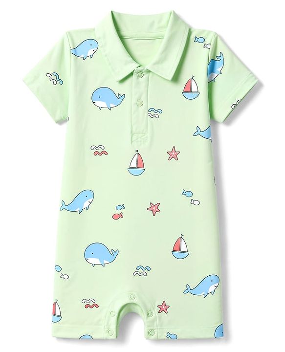 Babyhug 100% Cotton Interlock Knit Half Sleeves Romper With Whale & Star Print - Light Green
