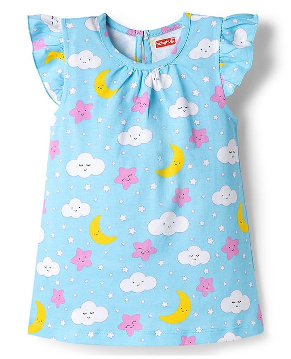 Babyhug Cotton Knit Half Sleeves Star Moon & Clouds Printed Nighty - Light Blue