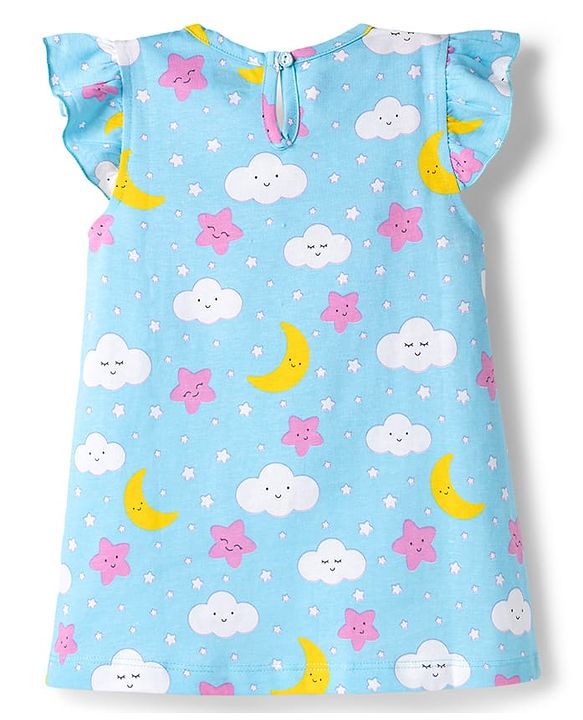 Babyhug Cotton Knit Half Sleeves Star Moon & Clouds Printed Nighty - Light Blue