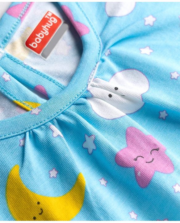 Babyhug Cotton Knit Half Sleeves Star Moon & Clouds Printed Nighty - Light Blue