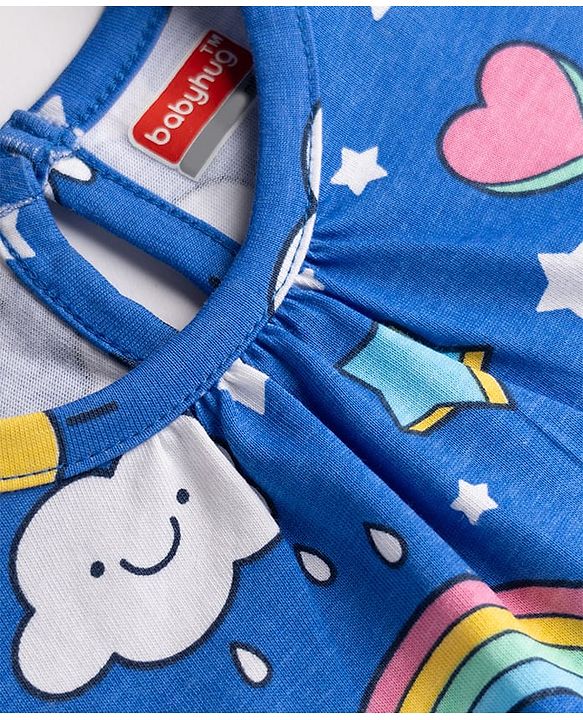 Babyhug Cotton Knit Half Sleeves Unicorn Rainbow Printed Nighty - Blue