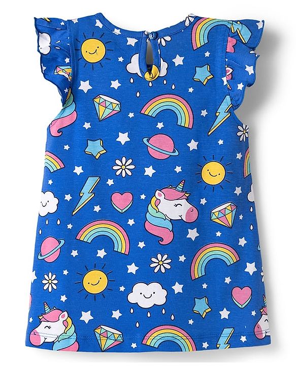 Babyhug Cotton Knit Half Sleeves Unicorn Rainbow Printed Nighty - Blue