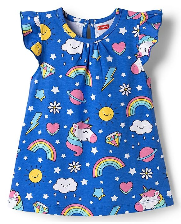 Babyhug Cotton Knit Half Sleeves Unicorn Rainbow Printed Nighty - Blue