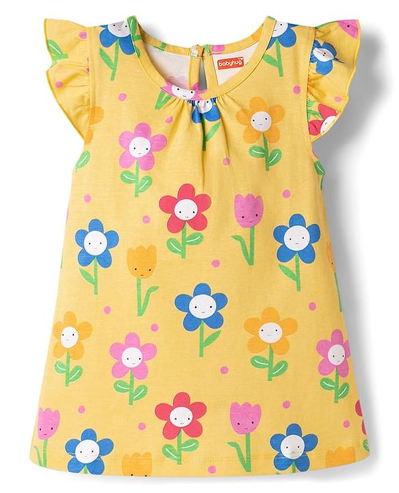Babyhug 100% Cotton Knit Half Sleeves Nighty With Floral Print - Yellow