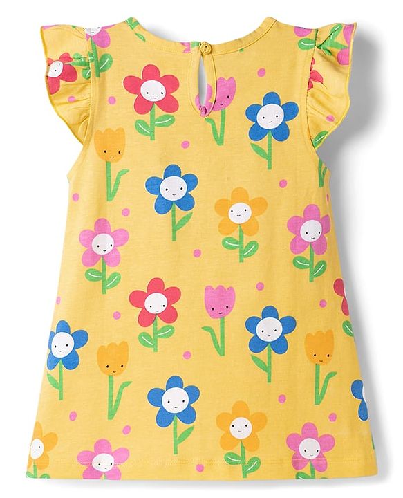 Babyhug 100% Cotton Knit Half Sleeves Nighty With Floral Print - Yellow