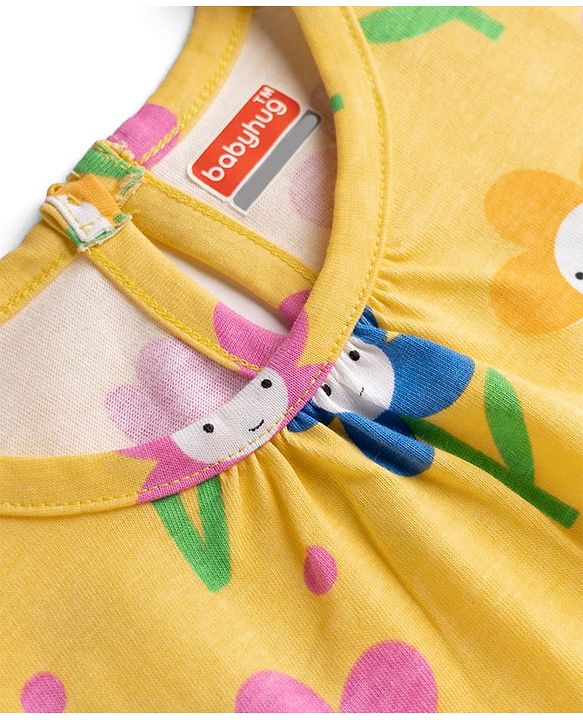 Babyhug 100% Cotton Knit Half Sleeves Nighty With Floral Print - Yellow