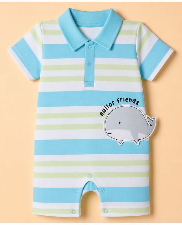Babyhug 100% Cotton Interlock Knit Half Sleeves Striped Rompers With Fish Applique - White